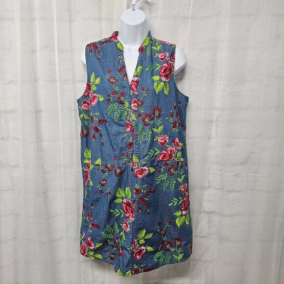 Beige Eci Blue Chambray Dress Floral Embroidered Sleeveless Mini Boho 6 - Picture 11 of 11